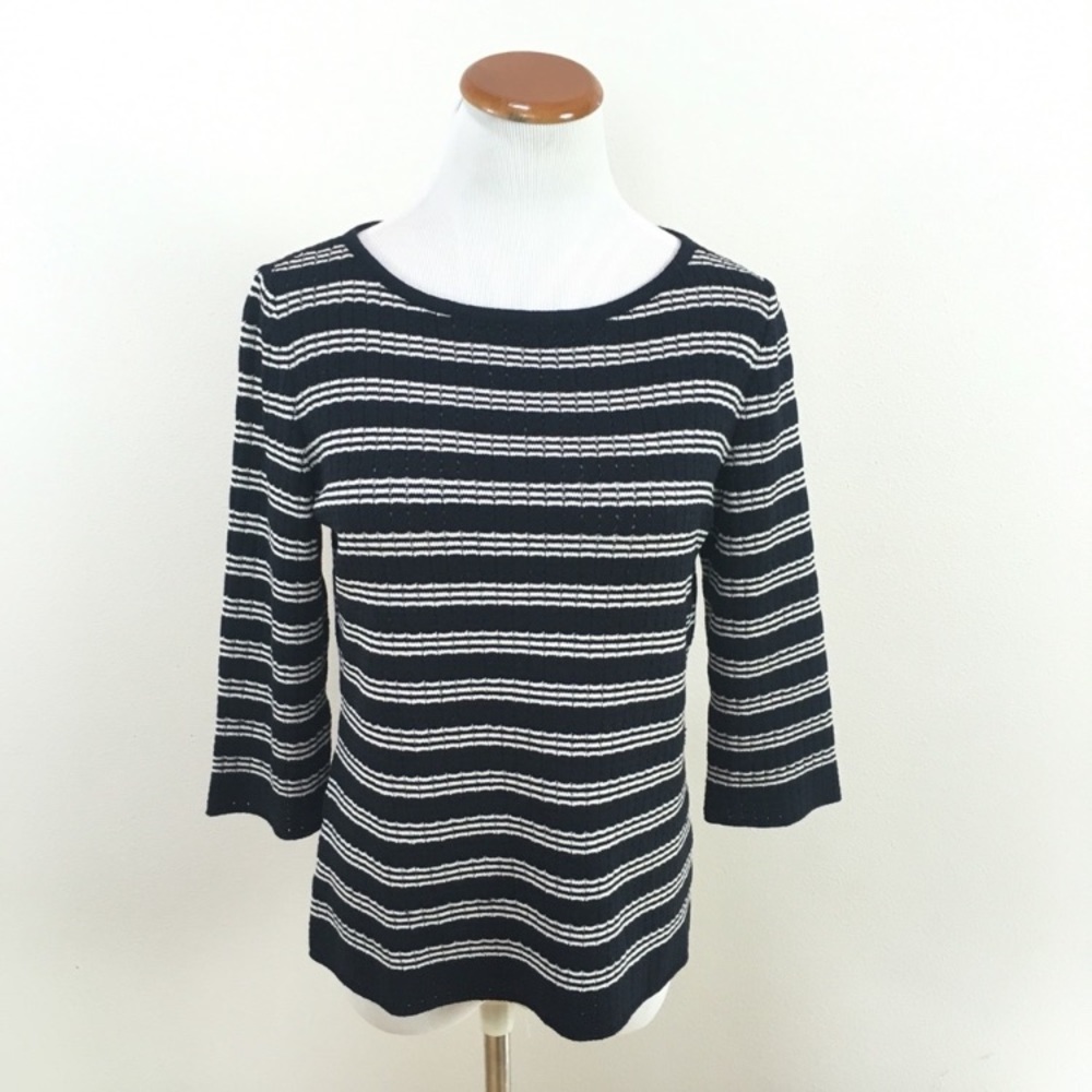 St. John Striped‎ 3/4 Sleeve Knit Blouse Black White Wool Blend Women’s Sz Small